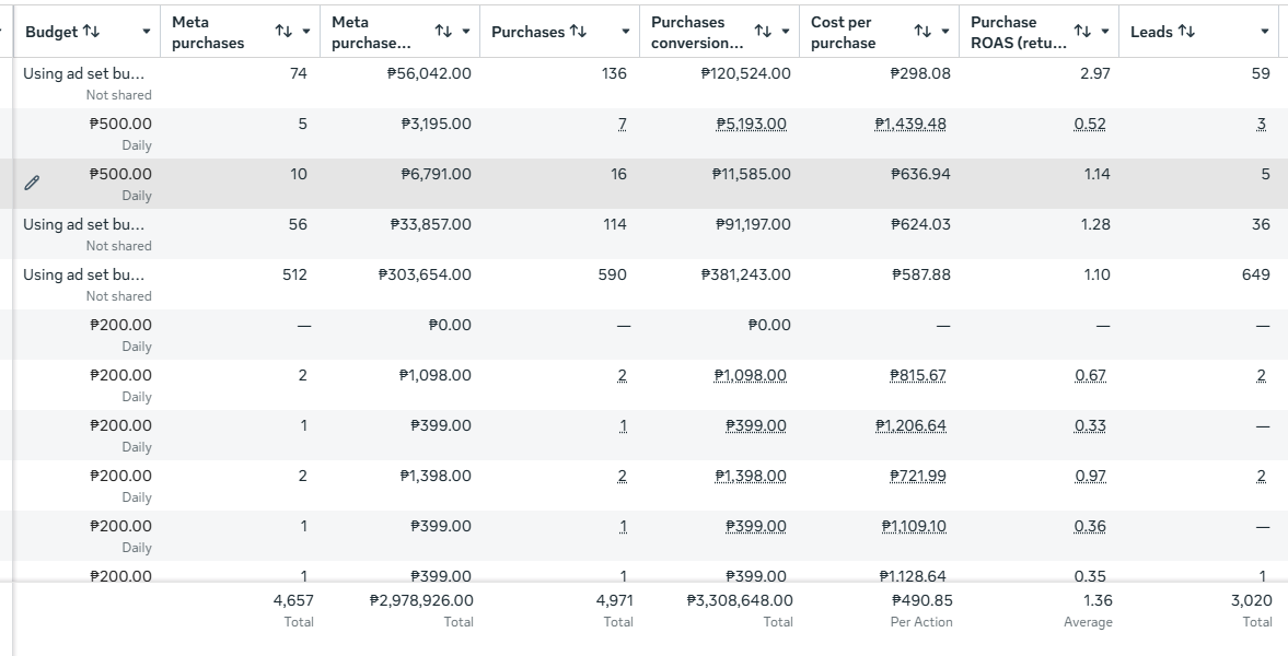 Coffee brand advertising report showing 4,971 purchases, ₱3,308,648 purchase conversion value and 1.36 purchase ROAS