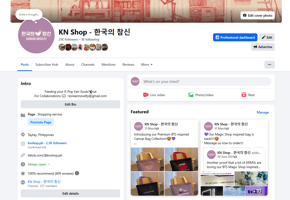 KN Shop Facebook page showing 21K followers, personally created product designs and posts, and 409 reviews
